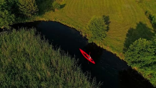 AERIAL: Young Man in in bright Red canoe cruising on clear water river with beautiful rich green nat
