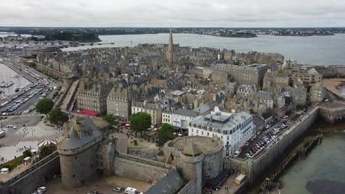 Saint-Malo fortified coastal city, Brittany in France. Aerial circling