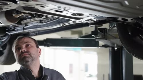 Checkup of Car Suspension in Auto Service Center Serviceman Working