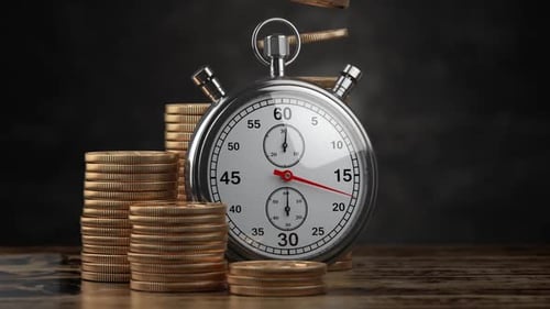 Animated Stopwatch with Gold Coins Stacking for Financial Growth