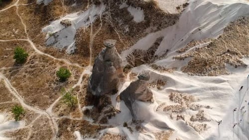 Cappadocia Turkish volcanic valley rock pillar formations aerial birds eye view