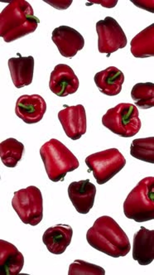 Falling Red Bell Peppers on White Background