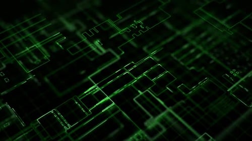 Abstract technology background with glowing green energy lines in a shape of circuit board pattern