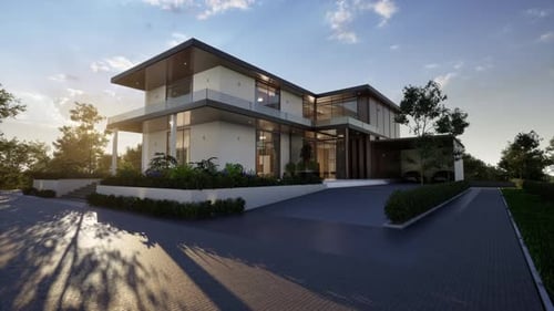 Modern Luxury House Exterior with Evening Light