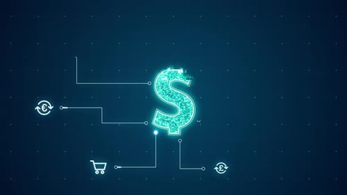 Logo bleu de la monnaie numérique avec connexion par ligne et technologie de transfert de données, arrière-plan abstrait