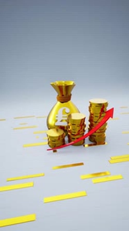 Vertical Golden Money Bag With A Lira Symbol And Increasing Coins Including Red Upward Arrow