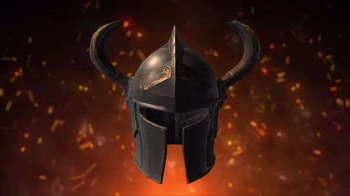 Animated 3D Horned Helmet on Fiery Background