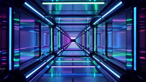 Abstract SciFi Spaceship Tunnel with Neon Glowing Lights