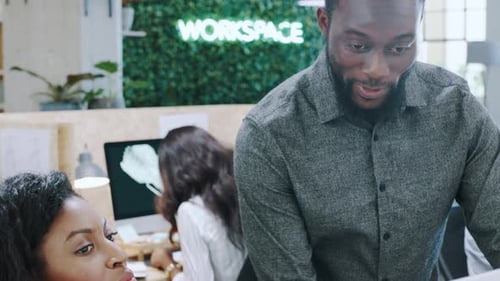 Training, designer and consulting with business people at computer for 3d rendering