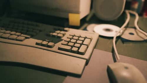 Old Computer Equipment on a Cluttered Desk with Faded Colors in Soft Lighting