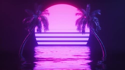 Synthwave Background Of Neon Glowing Sun With Ocean And Palm Trees Loop