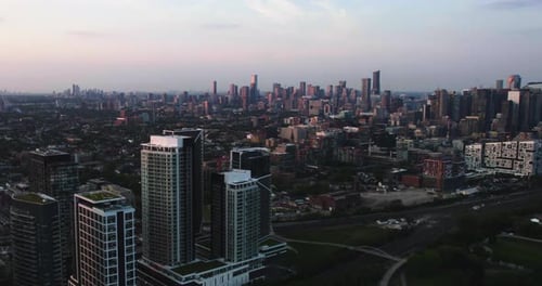 Aerial view over the Niagara district, toward the central Toronto skyline, sunrise in Canada
