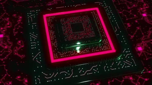 Futuristic Neon Microchip on Circuit Board