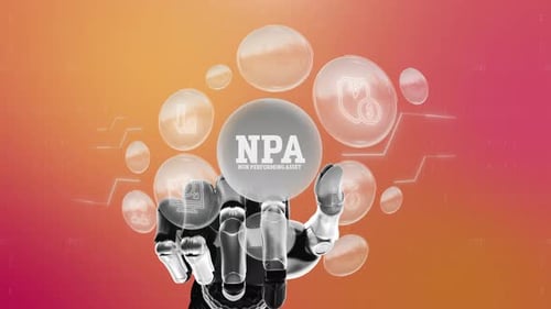 Robotic Hand Interacting with Financial Data Bubbles and Business Icons