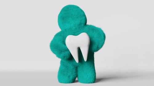 Cute turquoise furry Yeti holds white healthy molar tooth 3D animation loop Faceless fluffy bigfoot