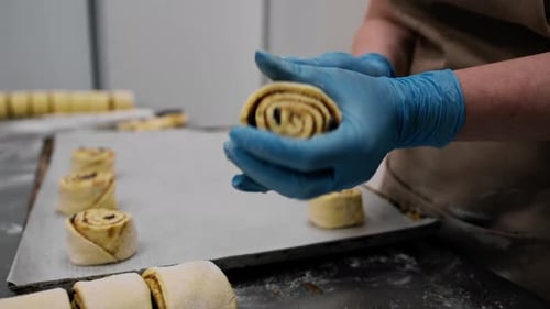 Kitchen in a bakery the process of making cinnabons, a woman baker puts the dough on a baking sheet