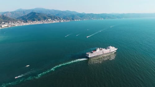 Tourist scenery in puerto vallarta, cruise ship departing from the banderas bay in mexico