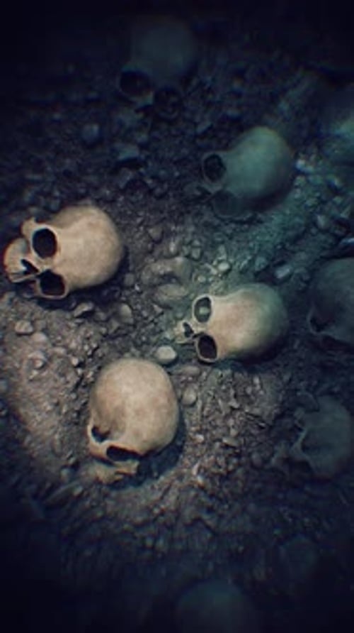 Vertical Gritty Animated Skulls on Dark Rocky Ground Loop