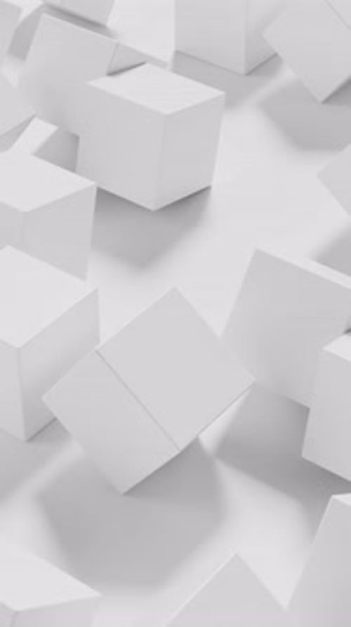 White cubes roll on a white background. Vertical looped animation