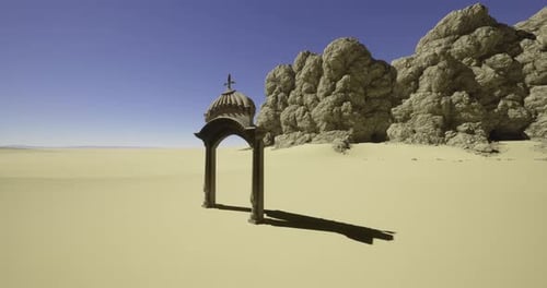 Desert Landscape with Solitary Arch and Rocky Formations Under Clear Sky