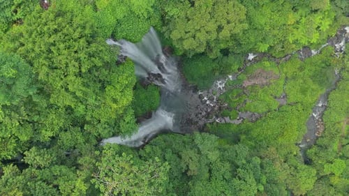 Aerial top view of sekumpul waterfall in bali indonesia