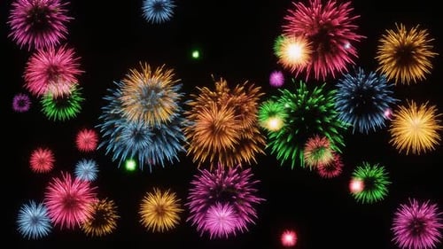 Vibrant Multi Colored Fireworks Bursting in Night Sky