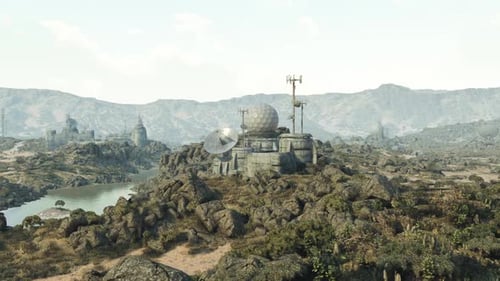Landscape with Rocky Terrain and Communication Towers Near a River