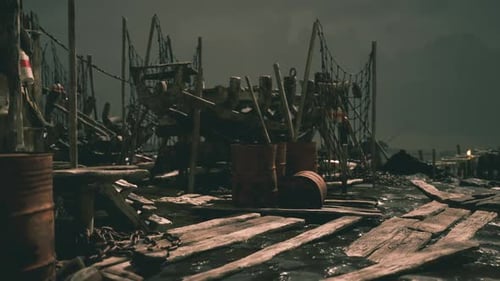 Weathered Fishing Dock at Night with Scattered Debris and Shadows
