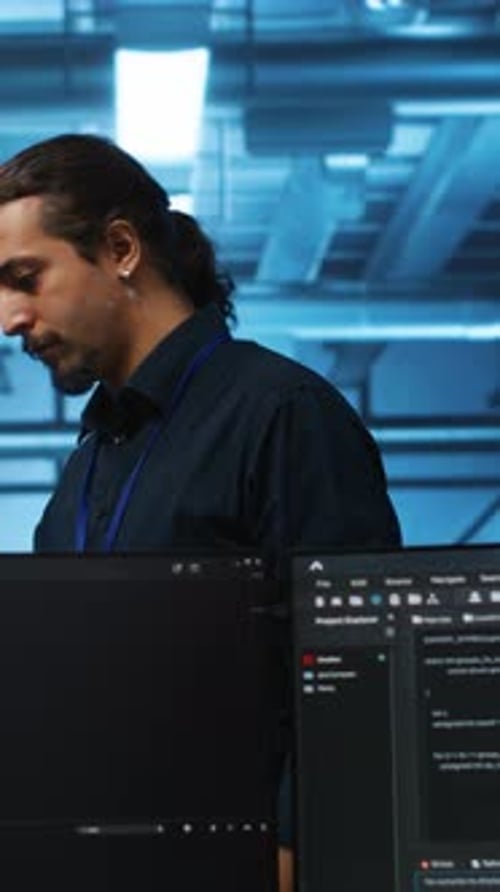 Vertical Video Admin in Server Hub Using Laptop to Present Manager Plan of Repairing Equipment
