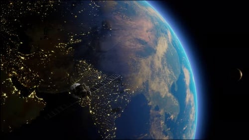 Künstlicher Satellit der Erde. Ein Satellit, der im Weltraum über den Globus fliegt