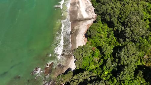 Secluded beach Drone jagged coastline—turquoise waves crash against cliffs, windswept trees cling to