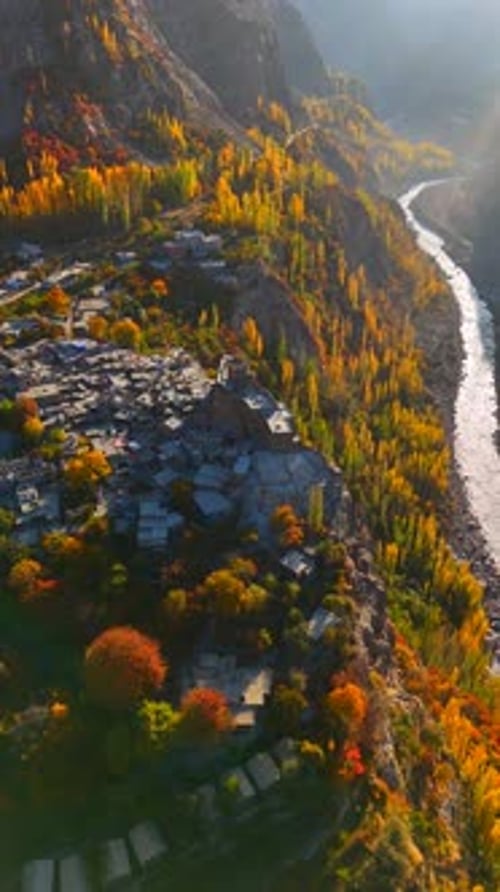 Aerial view of Altit Fort and river, Pakistan.
