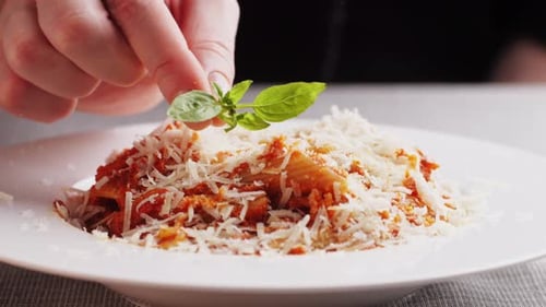 Chef Cooking Penne Pasta with Tomato Sauce and Mozalerra Cheese in Pan Close Up Cooking Traditional