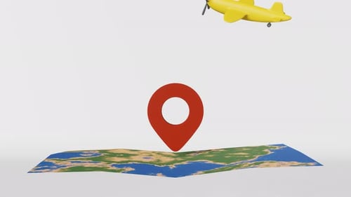 3D Airplane Flying Over Map Location Pin Animation