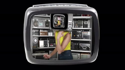 Vintage Televisions Stacked with Woman in Yellow Tank Top