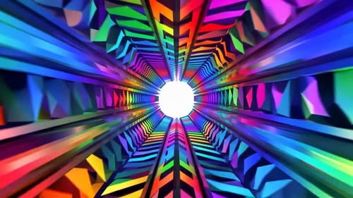 Animation de tunnel géométrique coloré vers une lumière vive