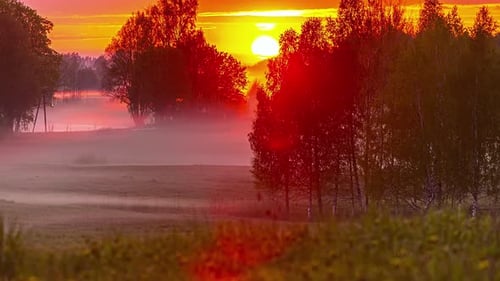 Sunrise Over Foggy Rural Landscape