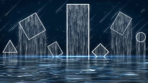 Futuristic Abstract Neon Geometric Shapes on Reflective Surface Background