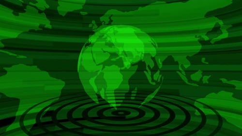 Green Digital Globe with World Map Background and Pulsing Circles