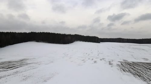Luftaufnahme eines schneebedeckten landwirtschaftlichen Feldes an einem wintergrauen, bewölkten Tag, Luftaufnahme