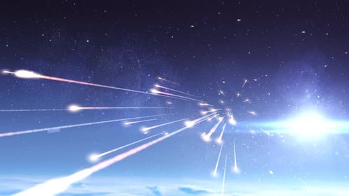 Hundreds of meteors burning toward camera above earth atmosphere
