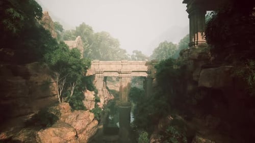 Pont des ruines antiques entouré d'une végétation luxuriante dans un paysage mystique