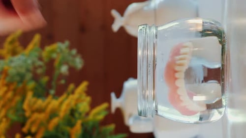 Dentures Placed in Glass Jar of Water