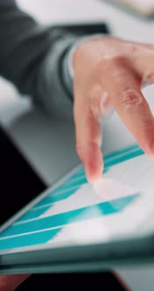 Man, hand and scroll in office with tablet screen, data analysis and KPI for worker productivity