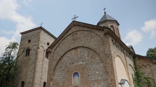 A beautiful low angle panning view of a Serbian Orthodox Church, The pilgrim of first Christianity.