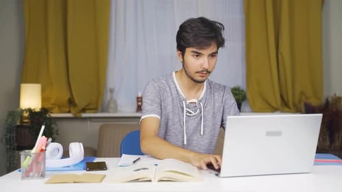 Young Adult Works on Laptop at Desk Indoors