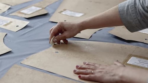 Tailor Hands Passing Around Pattern By Soap on Piece of Cloth Media Details of Clothing Atelier
