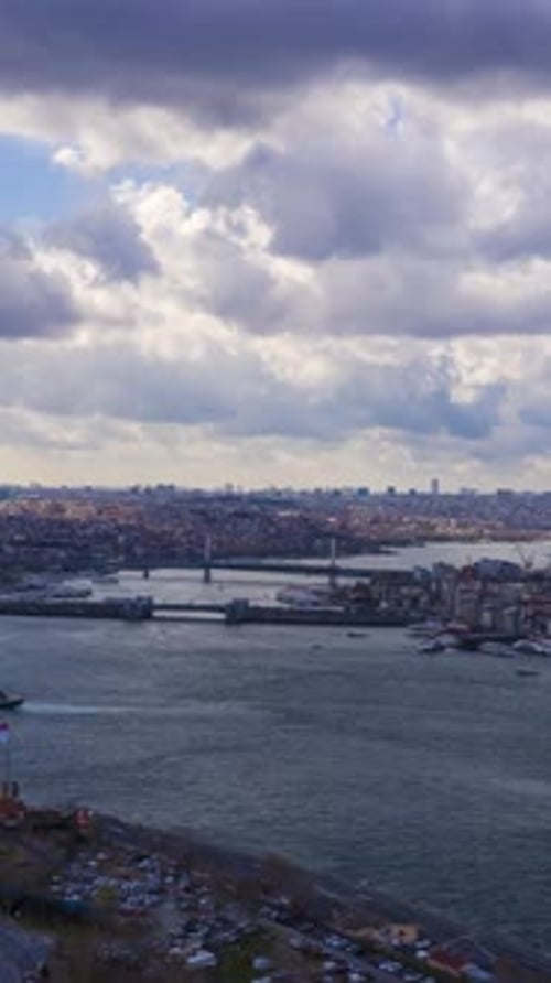 Istanbul City on Cloudy Day and Golden Horn Aerial View Vertical Video