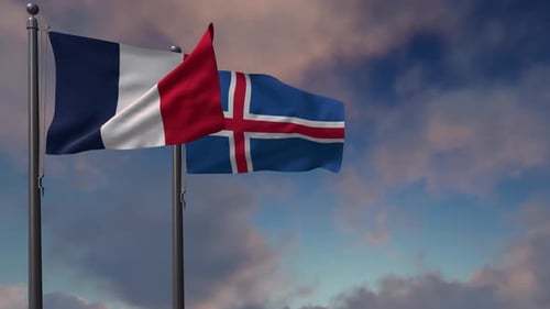 Waving Flags of France and Iceland on Blue Sky