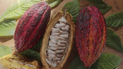 Fruta de cacau fresca com feijão e folhas de cacau em uma mesa de madeira à luz do sol.